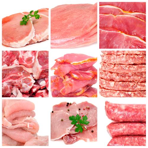 九个不同的肉类产品拼贴图食物各种加工冷鲜肉产品上木菜板产品仓库